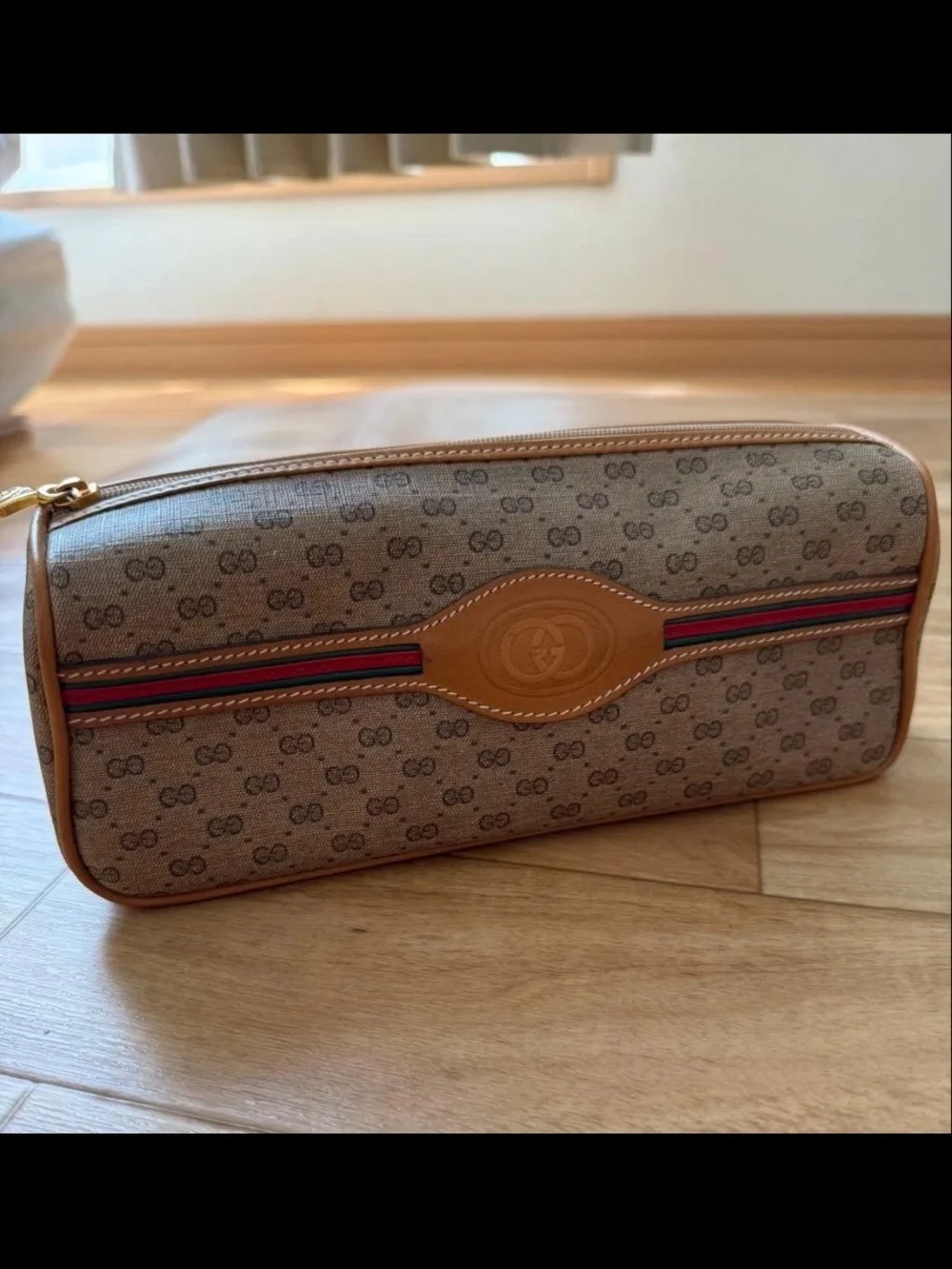 Gucci Brown Monogram Toiletry Case with Red-Green Web Stripe